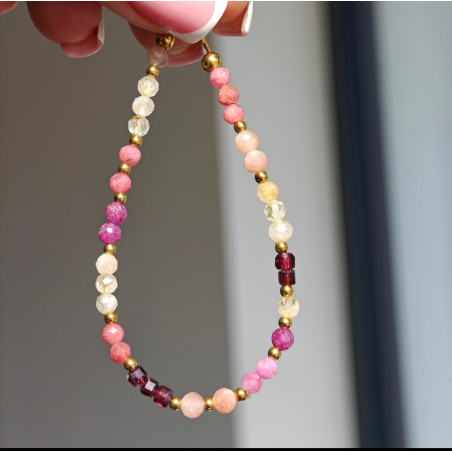 Bransoletka rodonit, kamień księżycowy, cytryn, granat, rubin, turmalin